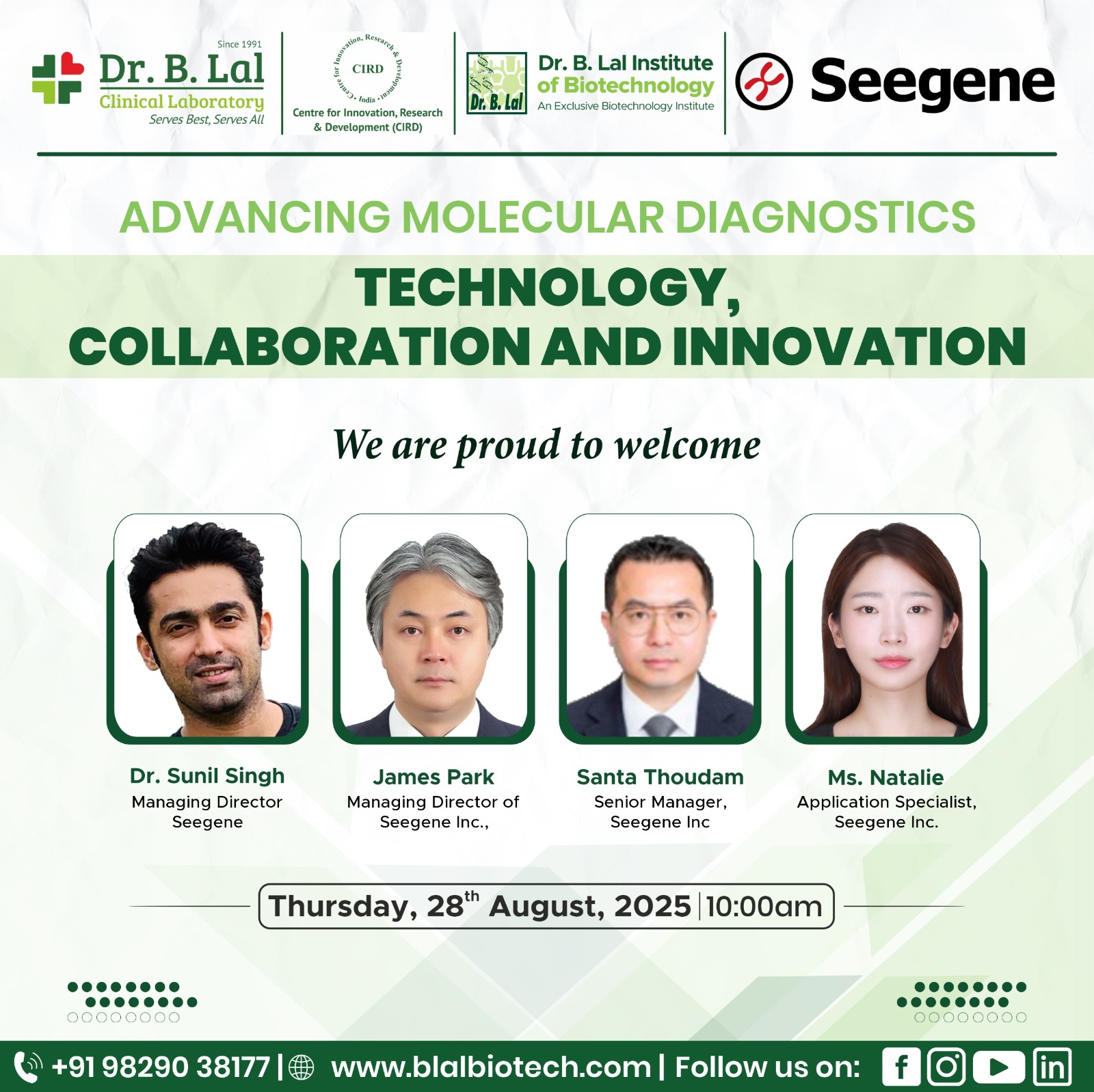 We are proud to welcome James Park, Santa Thoudam, Natalie, and Dr. Sunil Singh from Seegene Inc. and Humole Diagnostics for a session on Molecular Diagnostics.