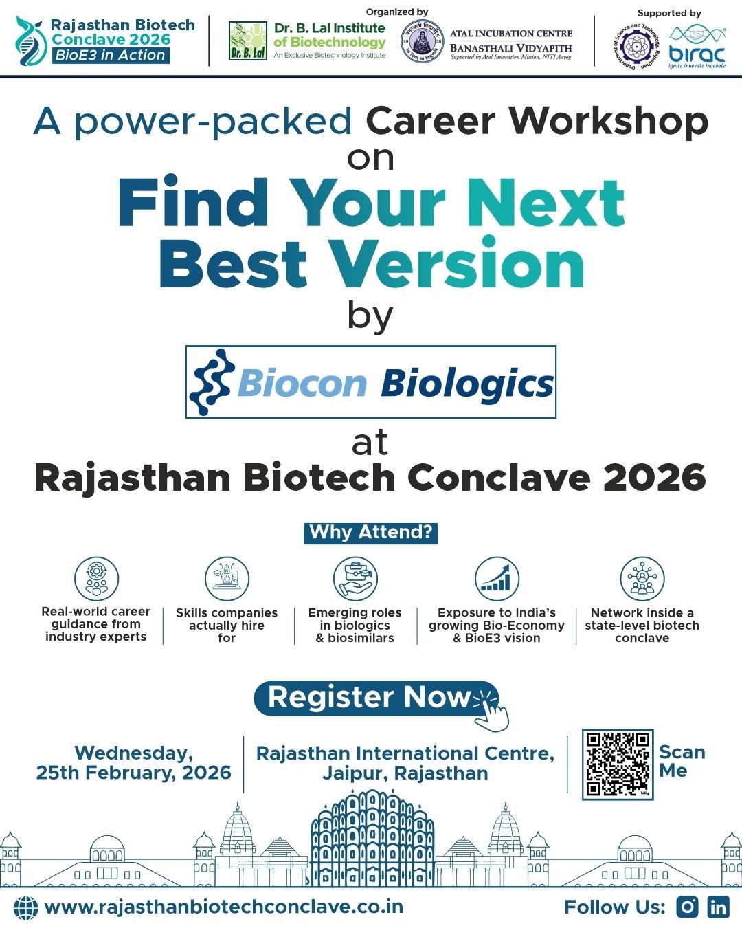 Join us at the Rajasthan Biotech Conclave 2026 and gain expert guidance at the career workshop “Find Your Next Best Version”, led by Biocon Biologics