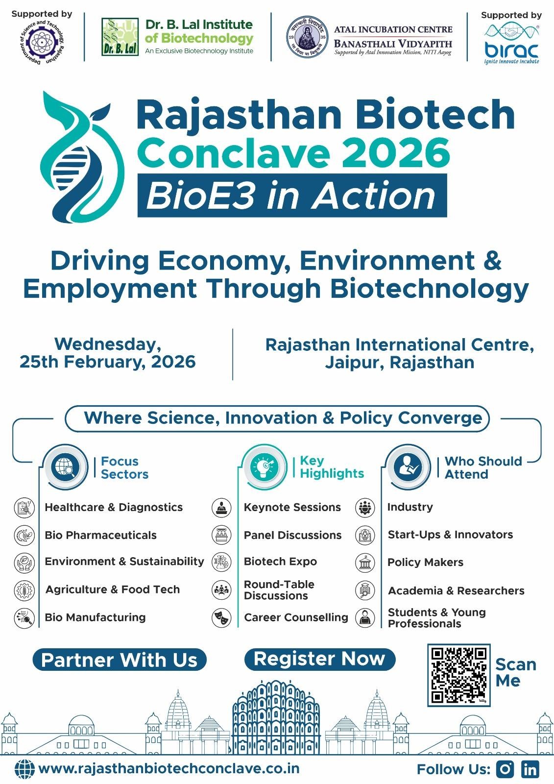 Join us for the first-ever Rajasthan Biotech Conclave 2026, happening on Wednesday, 25th February 2026, at Rajasthan International Centre (RIC), Jaipur, in collaboration with AIC Banasthali Vidyapith, supported by BIRAC and DST, Rajasthan