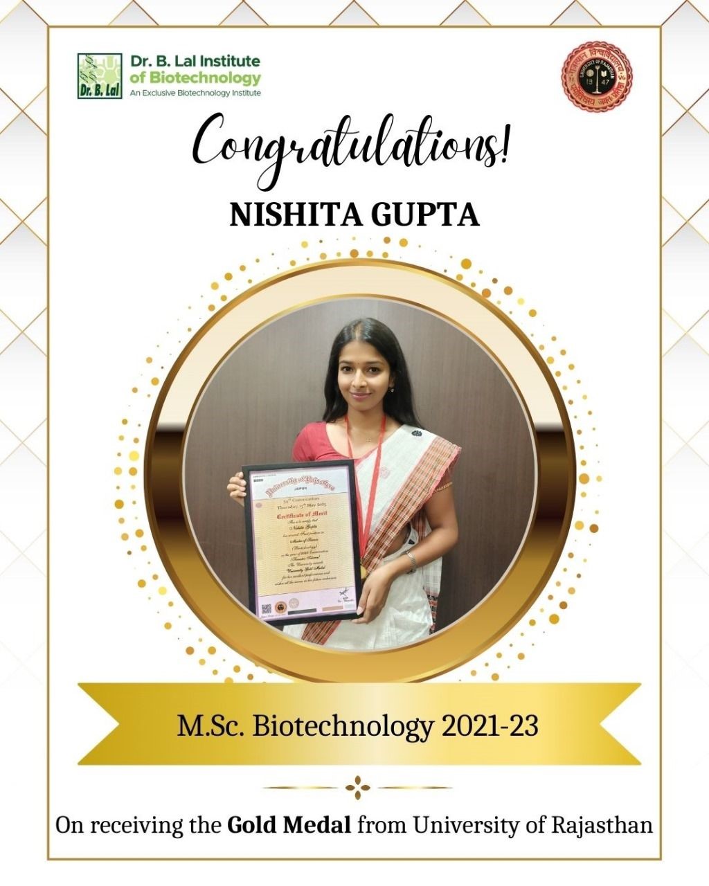 Our distinguished alumna Nishita Gupta (M.Sc. Biotechnology, Batch 2021–23) has been awarded the Gold Medal by the University of Rajasthan at the 34th Convocation Ceremony, held at the Rajasthan International Centre, Jaipur