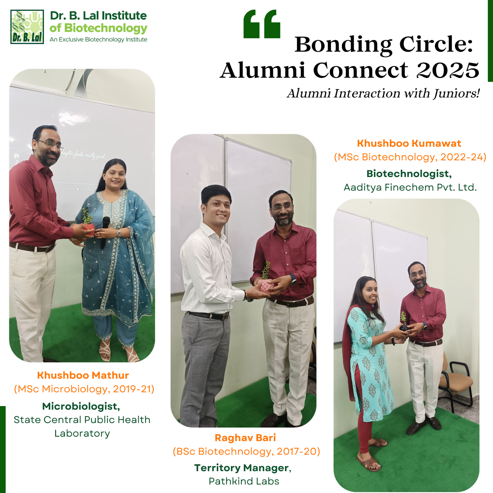 Meet Your Alumni – Bonding Circle 2025" featured three of our alumni: Raghav Bari, Khushboo Mathur, & Khushboo Kumawat.