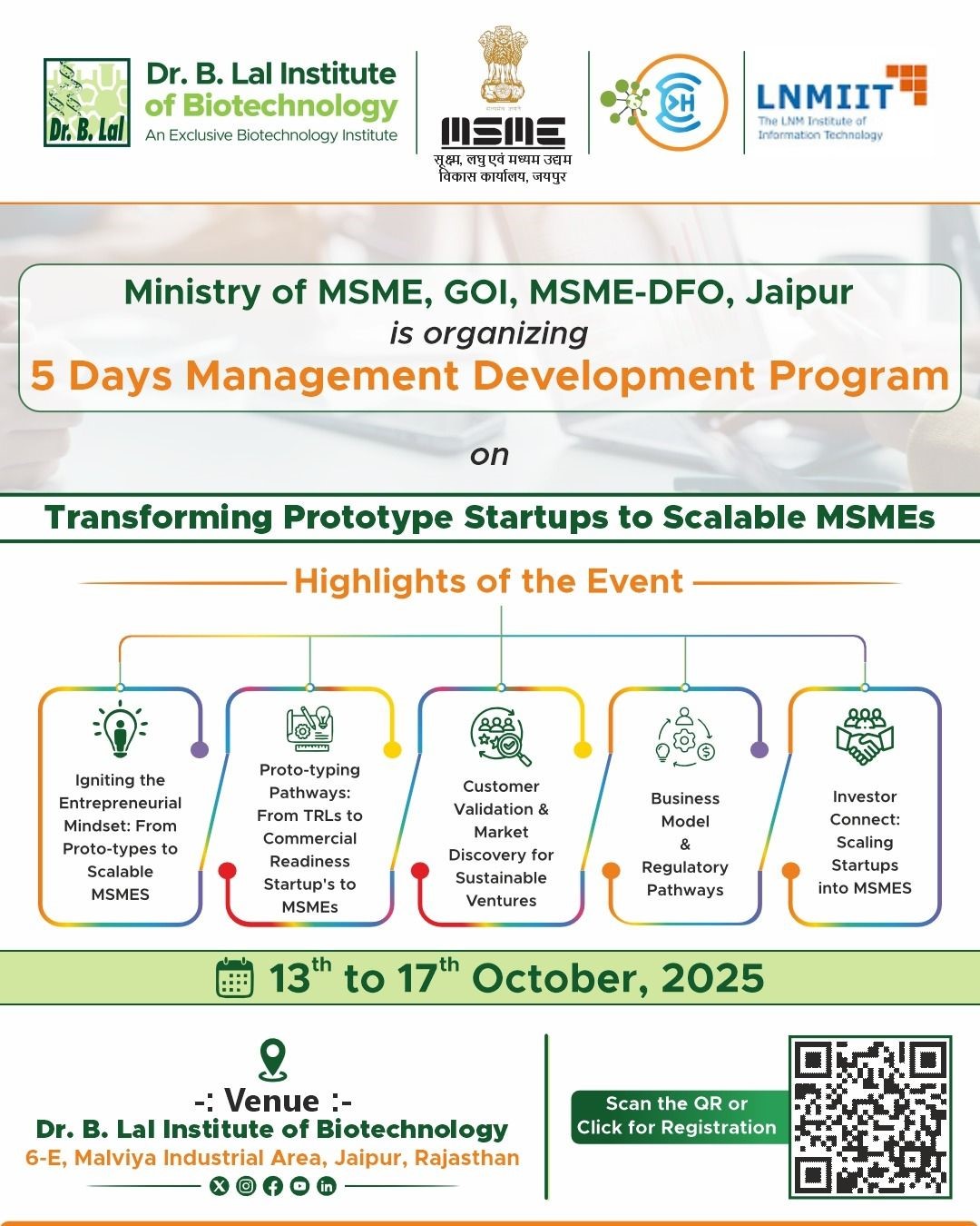 MSME – Development Office, Jaipur, is organising a 5-Day Managerial Development Program (MDP) for MSMEs and Startups from 13th to 17th October at BIBT.