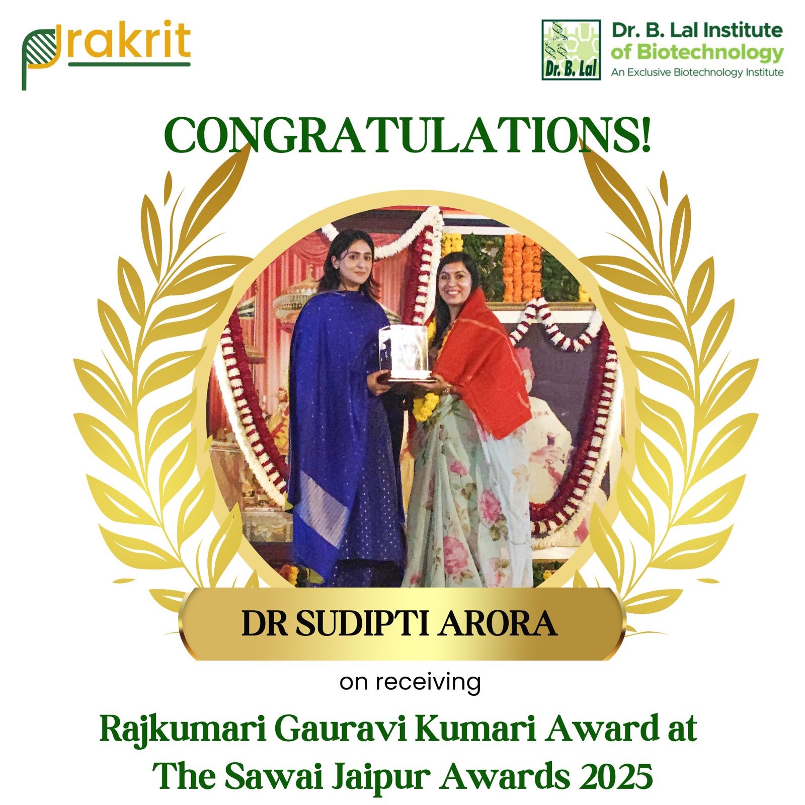 Dr. Sudipti Arora has been honoured with the Princess Gauravi Kumari Award at the Sawai Jaipur Awards 2025.