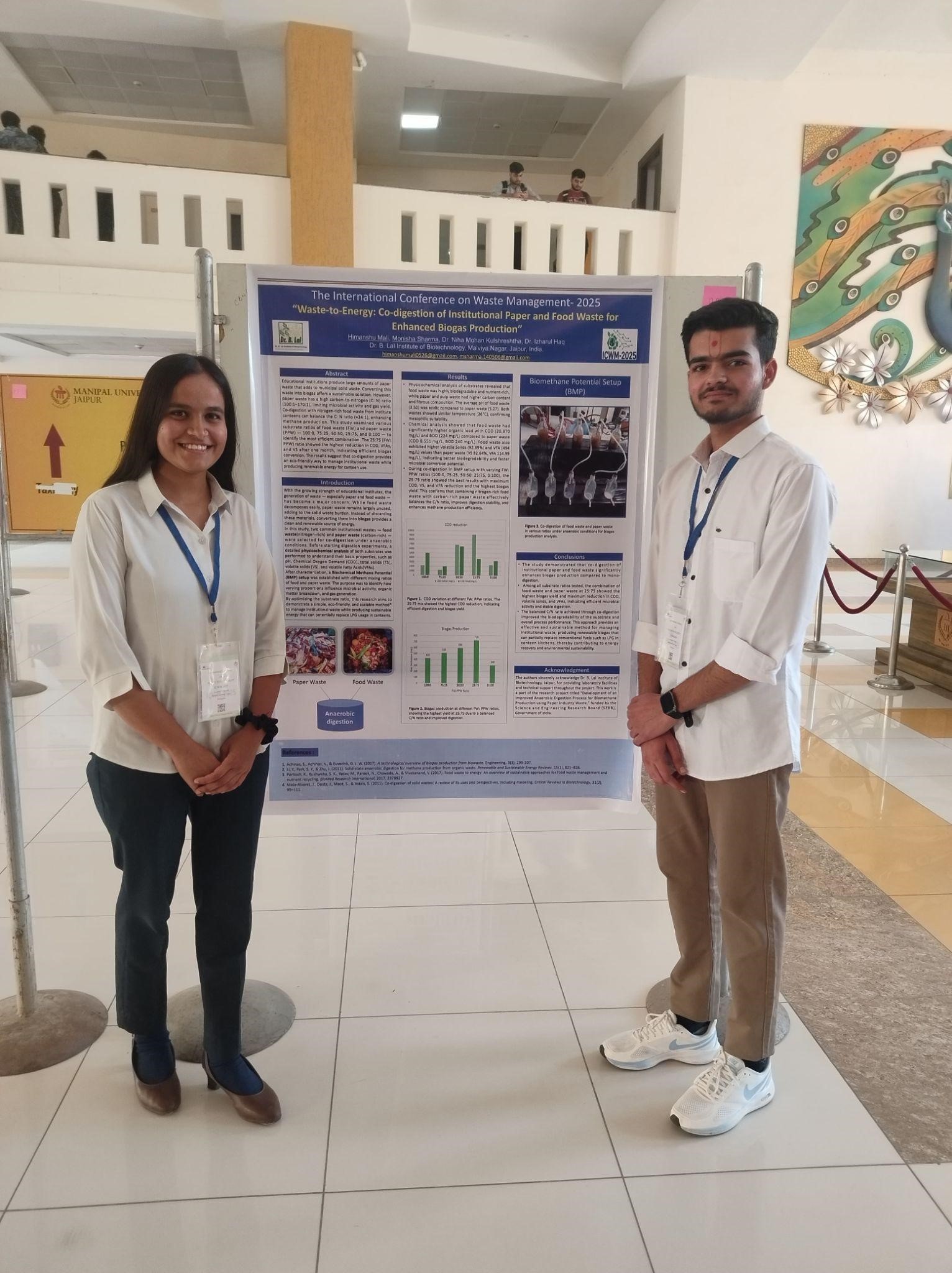 Our BSc students, Himanshu Mali and Monisha Sharma, have won the Best Poster Award at the International Conference on Waste Management, organised by Manipal University Jaipur.