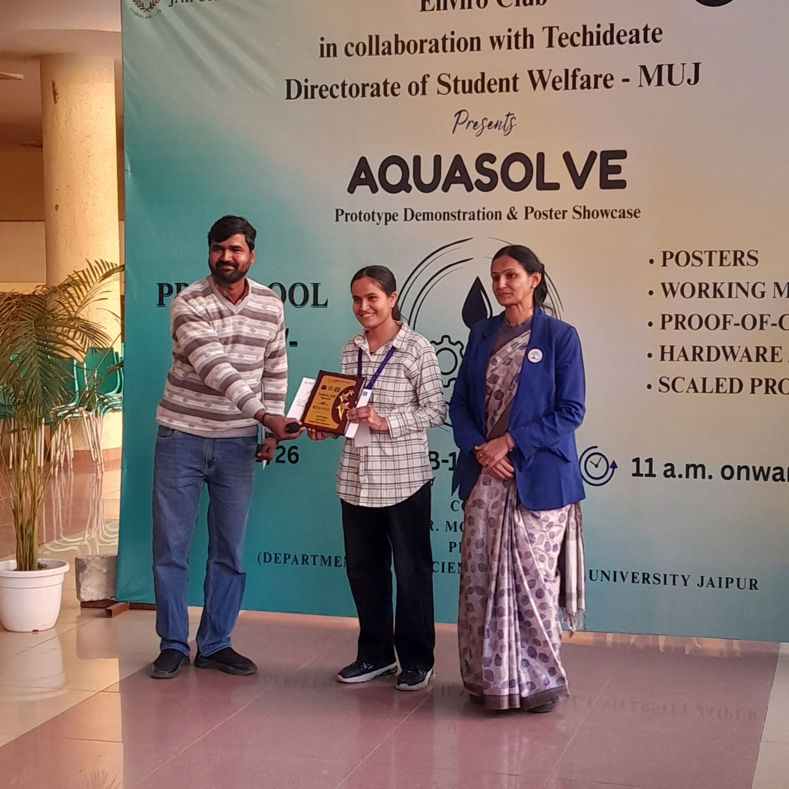 Himanshu Mali and Monisha Sharma of BSc Semester V actively participated in “Aquasolve”, a national-level student innovation event focused on Environment, Water, Wastewater, Sanitation & Hygiene (SDG-6), held at Manipal University Jaipur. Both students showcased posters based on their ongoing research work, reflecting innovation and commitment toward sustainable solutions.