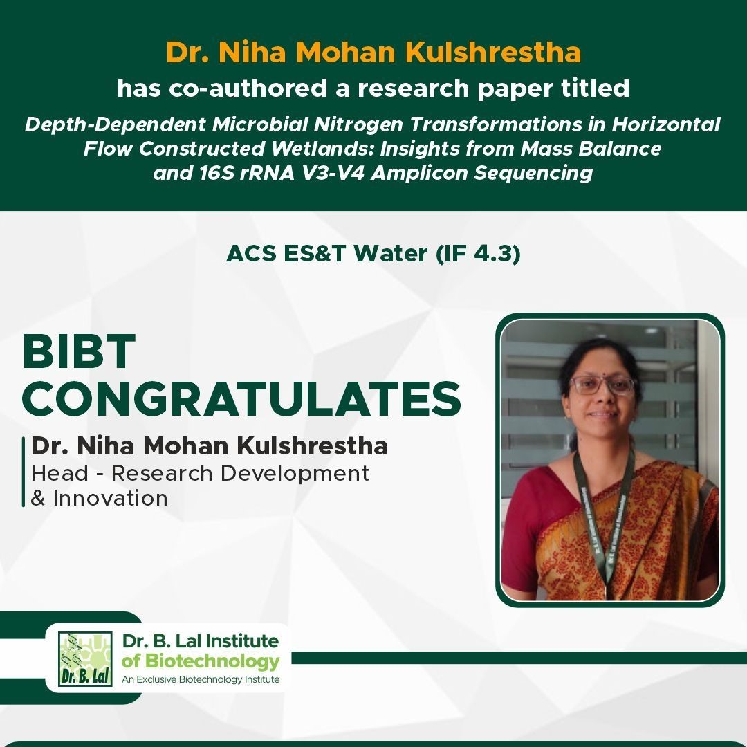 Dr. Niha Kulshreshtha, Head – Research, Development & Innovation, has co-authored a high-impact research paper titled: “Depth-Dependent Microbial Nitrogen Transformations in Horizontal Flow Constructed Wetlands: Insights from Mass Balance and 16S rRNA V3–V4 Amplicon Sequencing” Published in ACS ES&T Water (Impact Factor: 4.3).