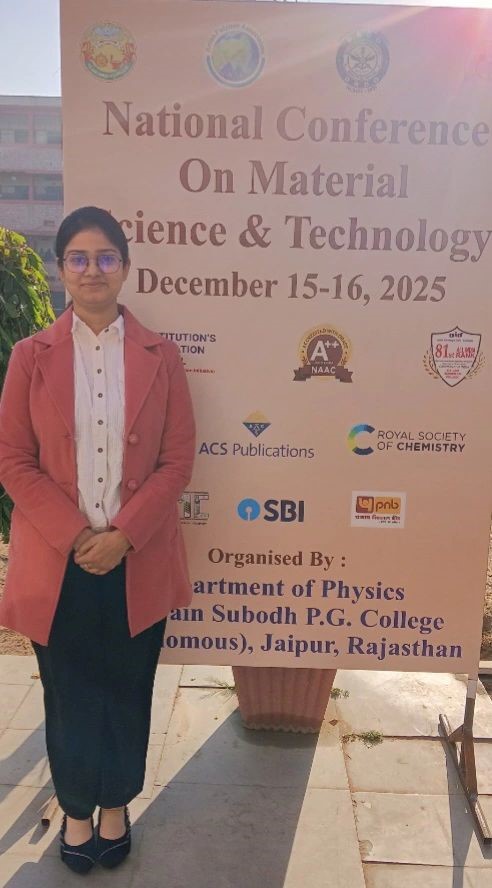 We are pleased to share that our Research Assistant, Ms. Anjali Pandit, participated in an oral presentation at the National Conference on Material Science and Technology (NCMST–2025), held at S.S. Jain Subodh PG College, Jaipur. At the conference, she presented her research work titled: “Effect of Nanoparticle-Enriched Food Packaging on Banana Fruit.”