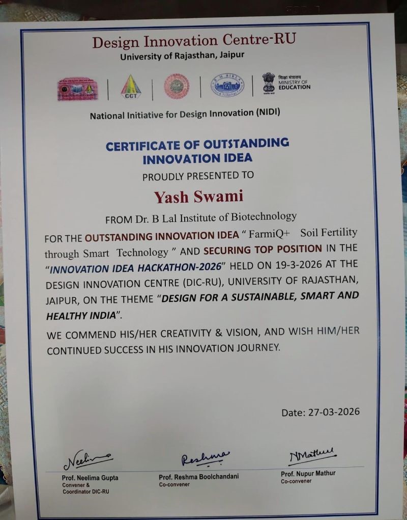 Yash Swamy, a student of BSc Semester II, represented us at the Innovation Idea Hackathon 2026, organised by the Design Innovation Centre (DIC) of the University of Rajasthan. Competing among 66 talented participants, Yash secured a place among the Top 6 innovators for his remarkable project.