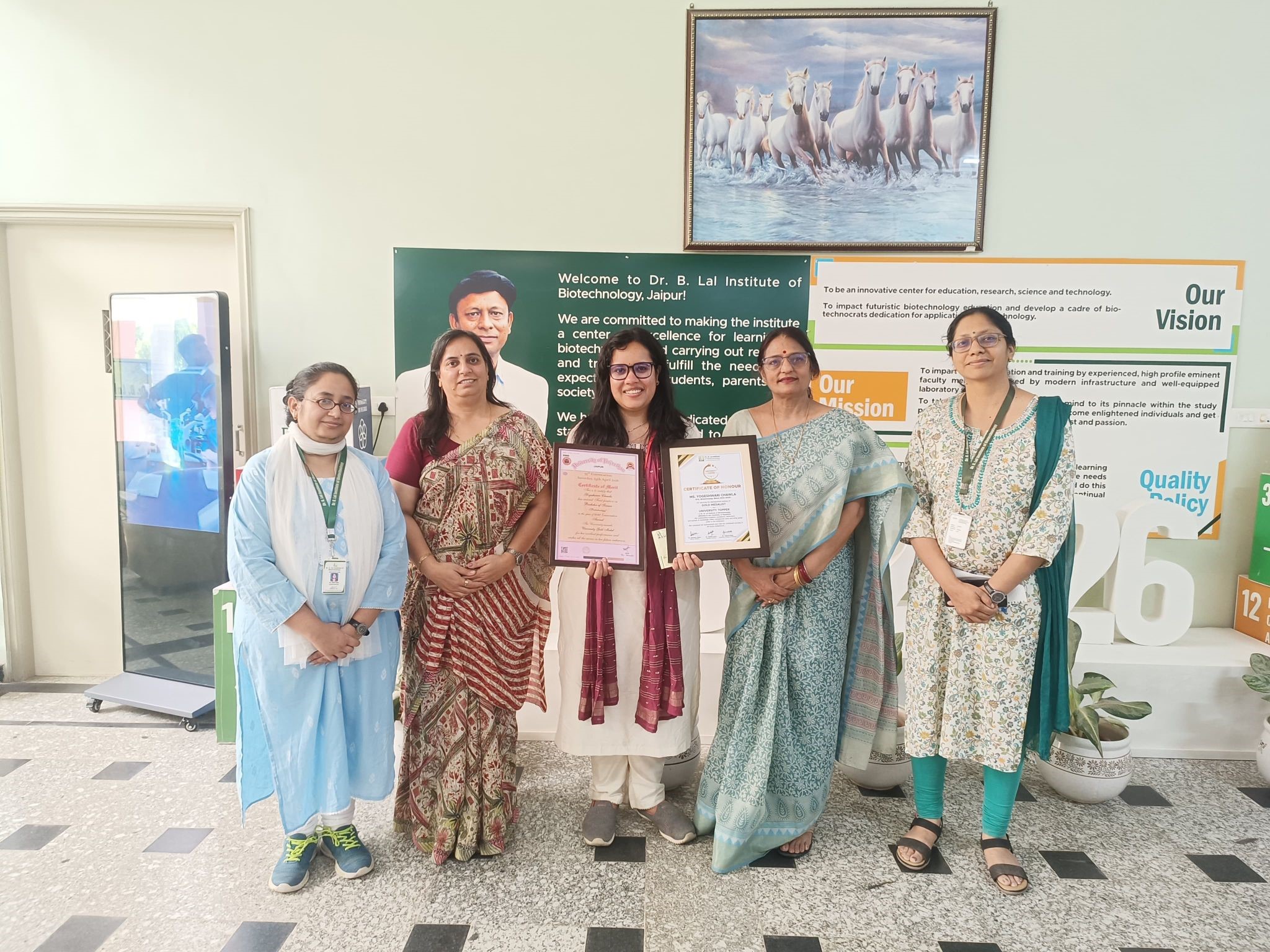 We are proud to celebrate the remarkable achievements of our students, Kanika Gupta (MSc Biotechnology, 2022–24) and Yogeshwari Chawla (BSc Biotechnology, 2022–25), on being awarded the Gold Medal at the convocation ceremony organised by the University of Rajasthan.