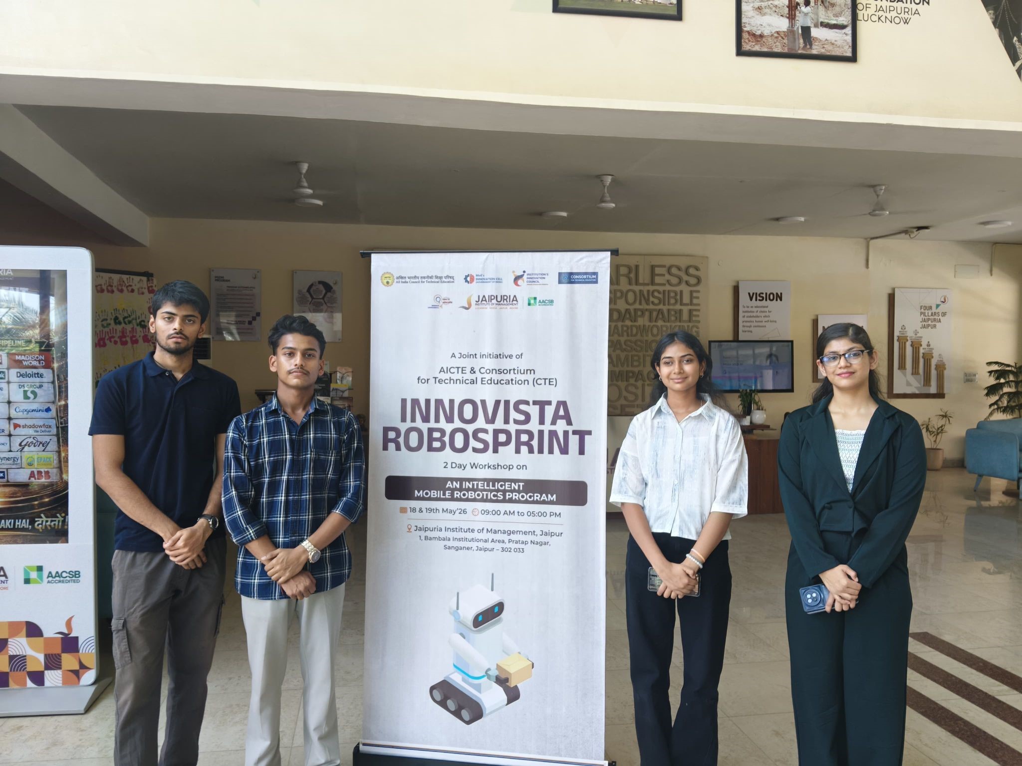 We are delighted to share that three of our BSc Semester II students — Aryan Rathore, Janhvi Sisodia, and Devyansh Sharma — along with our Research Associate, Ms. Nimisha Singh, attended the Innovista RoboSprint 2026 held at the Jaipuria Institute of Management.