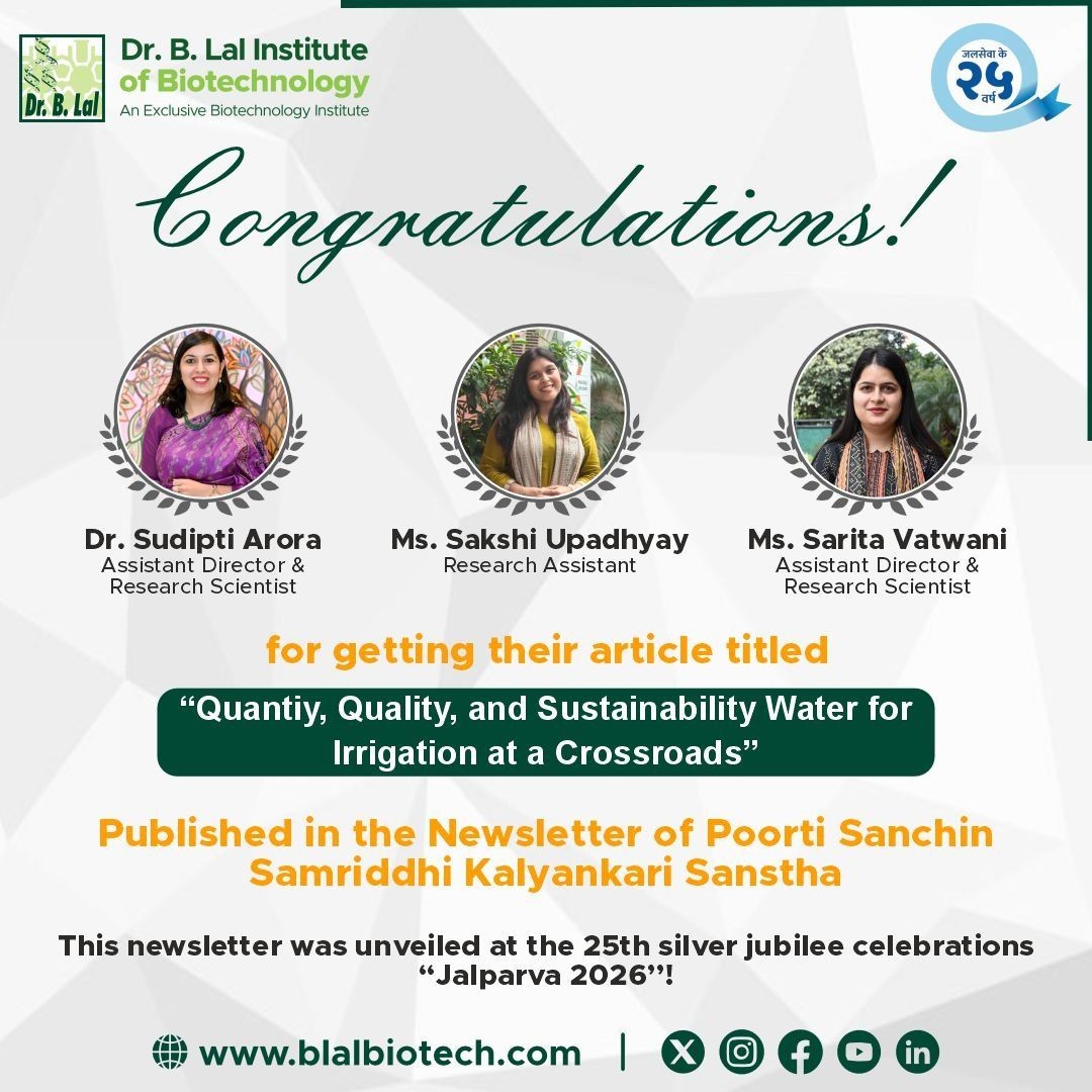 Hearty Congratulations to Dr. Sudipti Arora, Sakshi Upadhyay & Sarita Vatwani! We are proud to share that our team was invited to contribute a case study review on water conservation for Jal Parv 2026. Authors from across India submitted their work, and only the most impactful articles were selected for publication — making this achievement even more special.