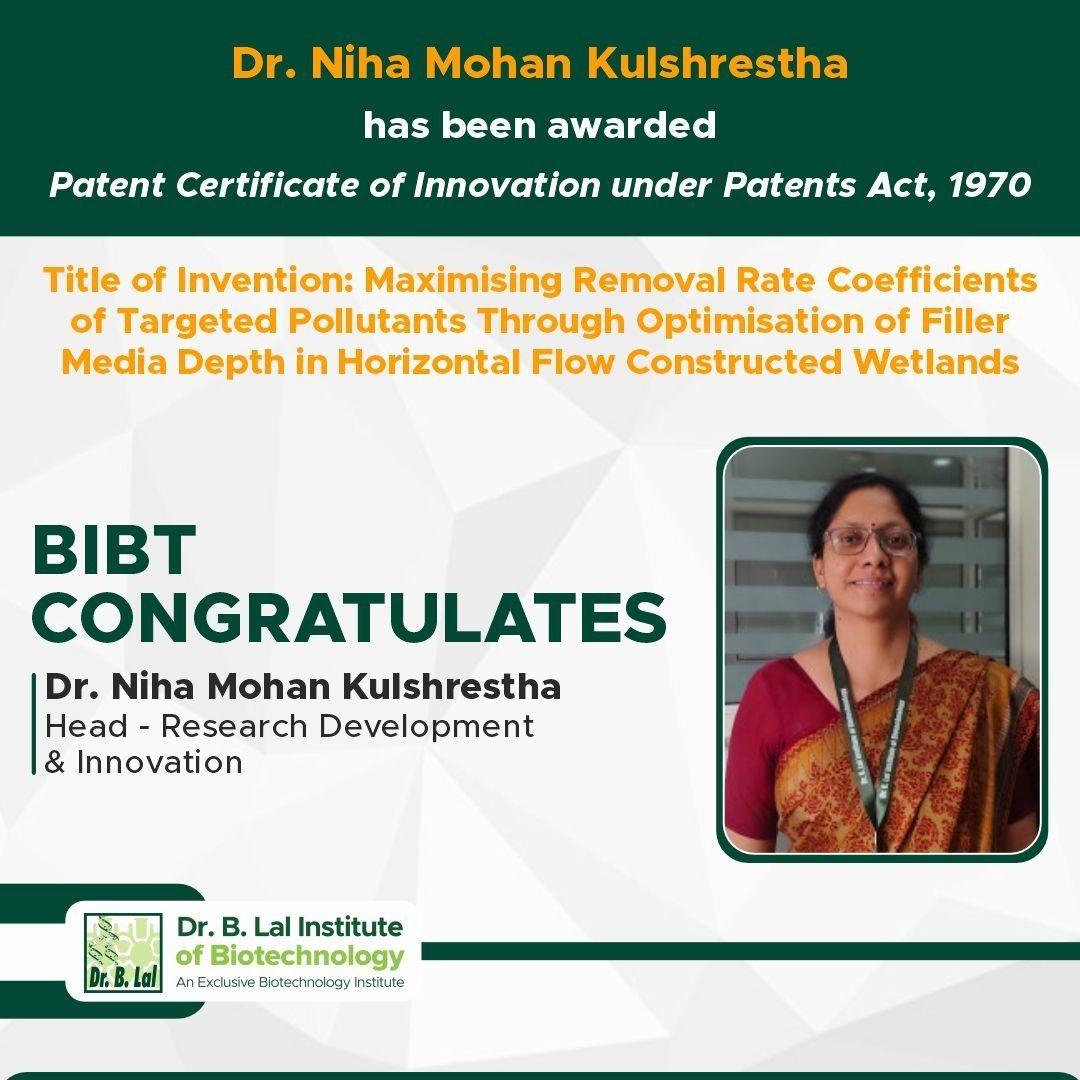 Heartiest congratulations to Dr. Niha Kulshreshtha, Head – Research Development & Innovation, on being awarded the Patent Certificate of Innovation under the Patents Act, 1970. Her patented invention, "Maximising Removal Rate Coefficients of Targeted Pollutants Through Optimisation of Filler Media Depth in Horizontal Flow Constructed Wetlands," reflects a meaningful contribution towards sustainable environmental solutions and showcases the power of research to address real-world challenges.