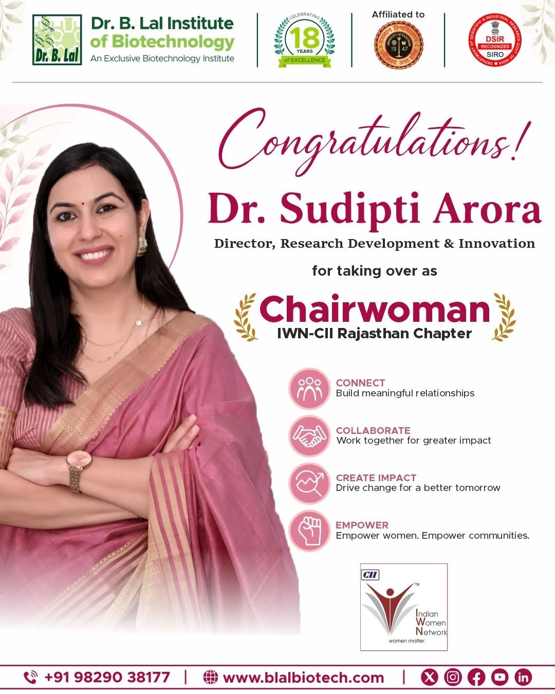 We are immensely proud to congratulate Dr. Sudipti Arora, Director & Environmental Research Scientist, BIBT, on taking over as Chairwoman – Indian Women Network (IWN), Confederation of Indian Industry Rajasthan Chapter. This remarkable achievement is a testament to her leadership, expertise, and continued commitment towards creating meaningful impact in the fields of environment, sustainability, research, and women-led growth.