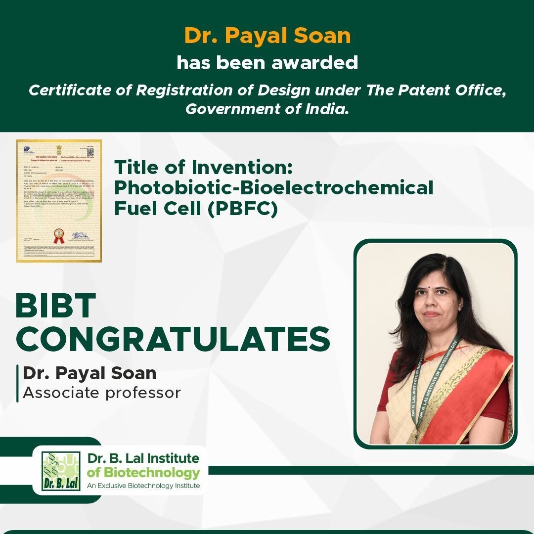We are thrilled to celebrate yet another achievement in research and innovation! Congratulations to Dr. Payal Soan and her team on being granted a Design Patent for their innovative Photobiotic-Bioelectrochemical Fuel Cell (PBFC) design.
