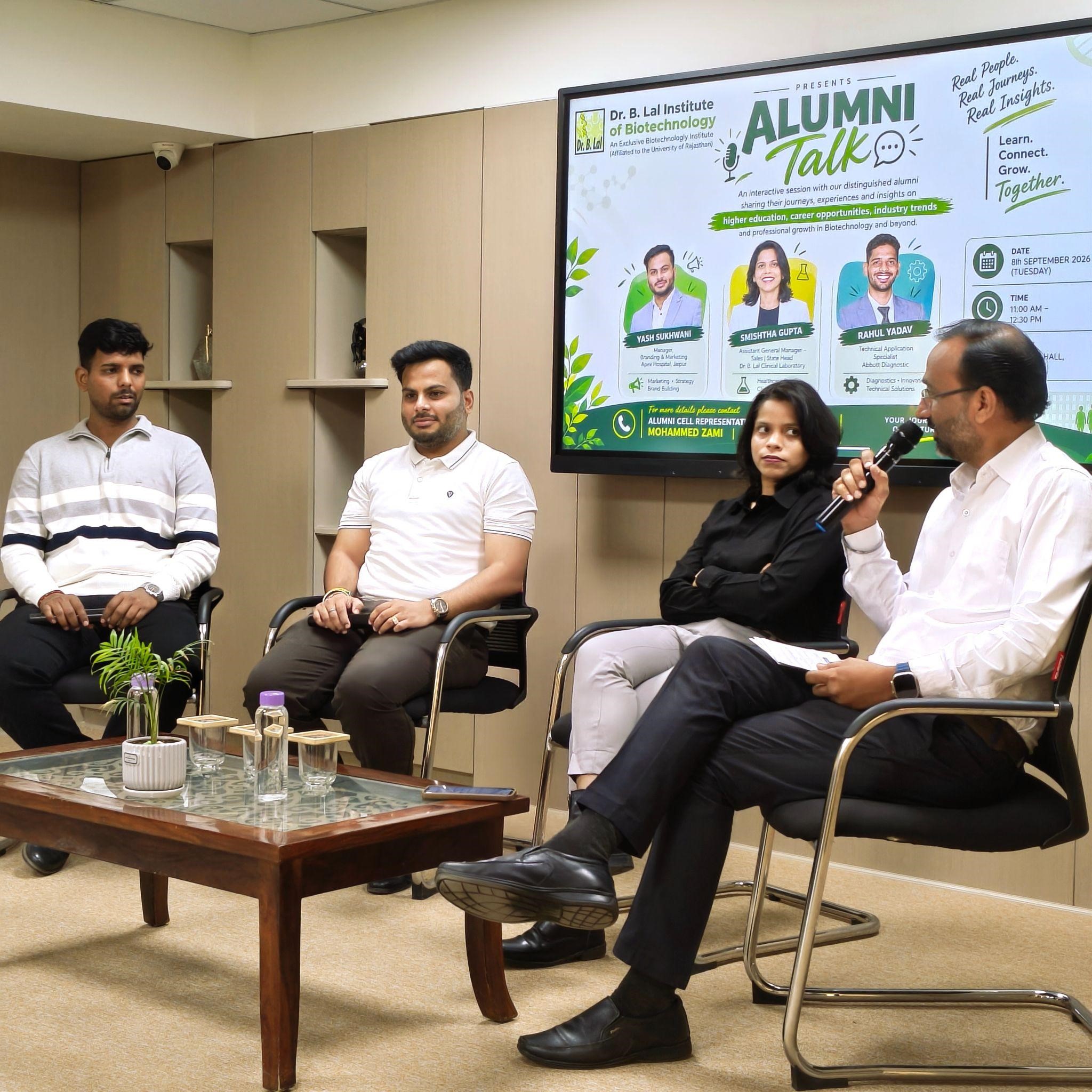We were honoured to welcome our distinguished alumni Yash Sukhwani, Smishtha Gupta, and Rahul Yadav back to the college for an exclusive and highly engaging interaction with our students. Sharing their journeys, experiences and learnings, our alumni offered valuable insights into higher education, career opportunities, industry trends and professional growth in biotechnology and beyond.