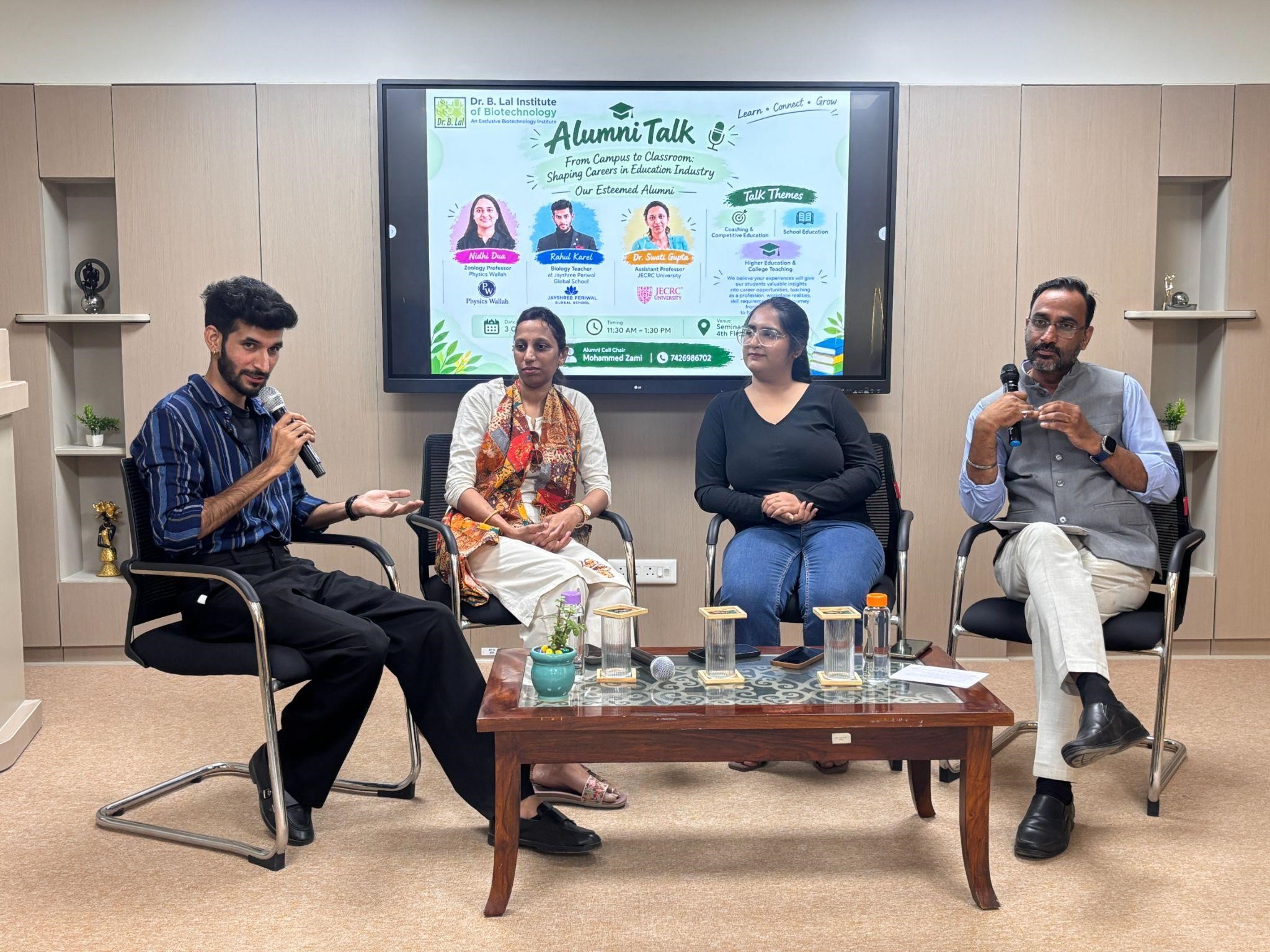 We were delighted to welcome three distinguished BIBT alumni, Rahul Karel, Biology Teacher, Jayshree Periwal Global School, Nidhi Dua, Zoology Professor, PW (PhysicsWallah) and Dr Swati Gupta, Assistant Professor, JECRC University, who returned to campus to share their professional journeys and experiences from the education industry — from schools and universities to the coaching ecosystem.