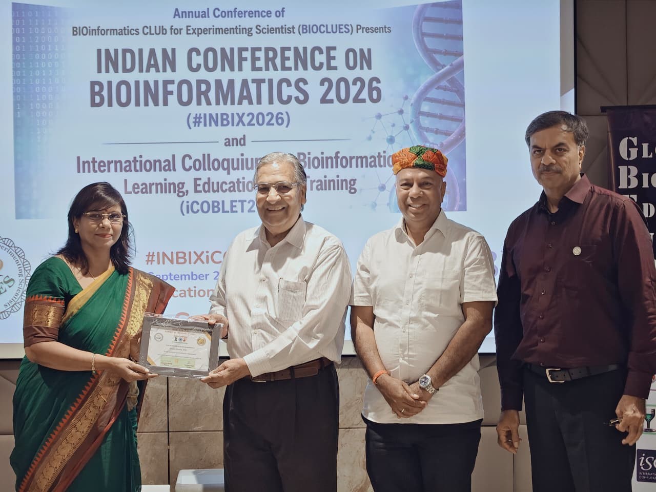 We are delighted to share that Dr. Sonika Saxena has been conferred with the prestigious “Women in Biology Excellence Award” by the Bioinformatics Club for Experimental Scientists (Bioclues Organisation). The award was presented during INBIX 2026 – Indian Conference on Bioinformatics and iCOBLET 2026 – International Colloquium on Bioinformatics Learning, Education and Training.