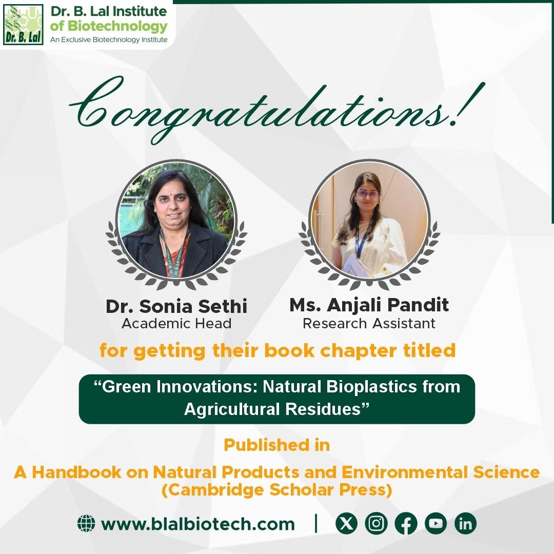 We are delighted to celebrate yet another achievement from our Research, Development & Innovation (RD&I) community! Congratulations to Dr Sonia Sethi and Ms Anjali Pandit on the publication of their book chapter titled “Green Innovations: Natural Bioplastics from Agricultural Residues”. The chapter has been published in the book A Handbook on Natural Products and Environmental Science, published by Cambridge Scholars Publishing.